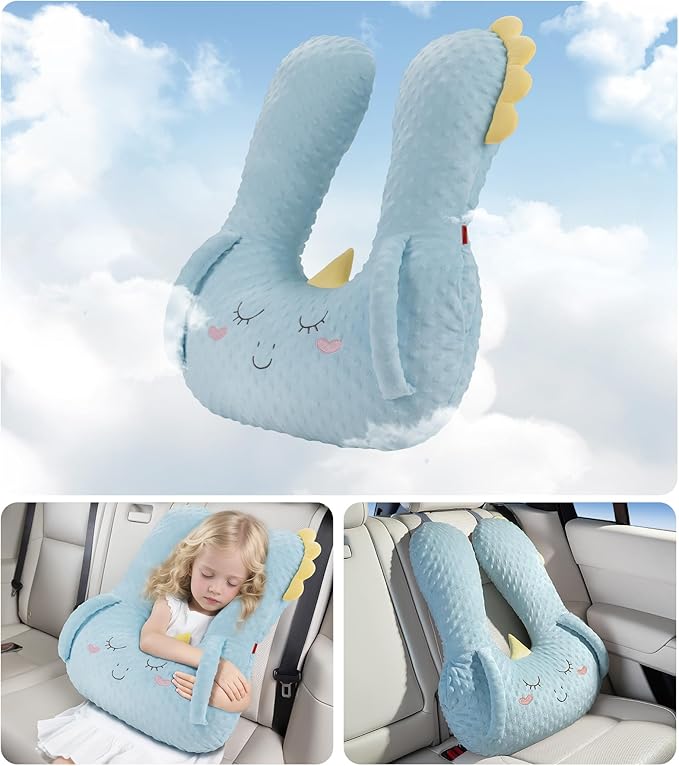 BEBAS U-Shaped Kids Travel Pillow for Car, Road Trip Essentials, Soft Neck Support for Long Trips, Adjustable Strap for Car Seats Airplane, Great Gift Idea (Blue Unicorn)