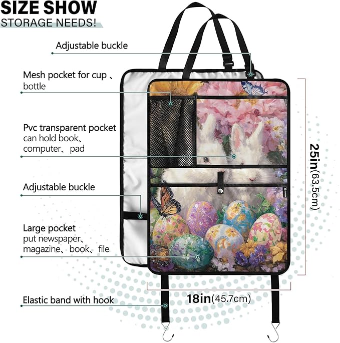 1 Pack Back Seat Car Organizer with Storage Pockets Kick Mats Back Seat Protector Hanging Car Organizer Automotive Seat Back Cover Organizers Easter Bunny Eggs Sunlowers