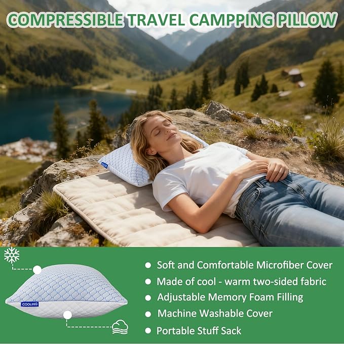 Gehannah Travel Pillow - Large 1 Pack Compressible Camping Pillow for Sleeping - Shredded Memory Foam with 1 Storage Bags - Supportive for Adults, Kids, Outdoor, Backpacking, Hiking Gear