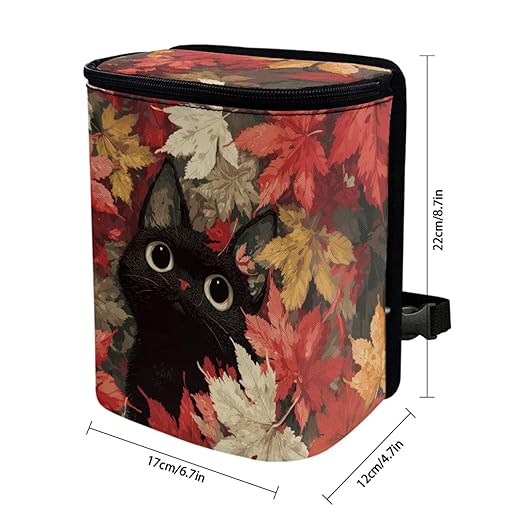 1.2 Gallons Trash Can for Cars SUV, Autumn Leaves Black Cat Backseat Driver Garbage Bag for Car, Adjustable Hanging for Tail of Console/Back of Seats, with Zipper Leak-Proof Lid Design
