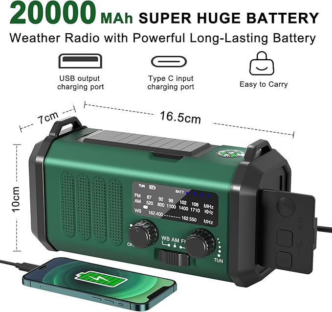 Emergency Radio-NOAA Weather Radio 20000mAh/74000mWh with AM/FM Portable Solar Panel/Hand Crank/AC Input Rechargeable Battery and Flashlight SOS Siren Lamp for Camping Indoor/Outdoor Emergencies