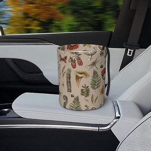 Car Trash Bag Vintage Mushroom Forest Plants Waterproof Trash Small Car Can Portable Collapsible Car Garbage Can Hanging for Back Seat Floor or Hanging Headrest Car Decor Road Trip Essentials