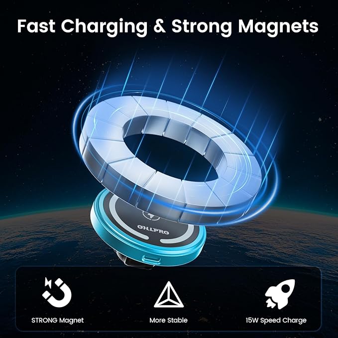 OHLPRO 15W Magsafe Car Mount Charger for iPhone 17, Fast Wireless Charging Magnetic CD Slot Holder with 3M Adhesive Base for Dashboard, Aluminum Shell, Compatible with iPhone 16/15/14 Pro Max, Blue