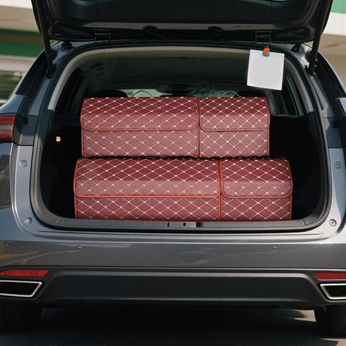 Ergocar Car Trunk Organizer Luxury Foldable Car Boot Tidy Storage Box Waterproof PU Car Boot Storage Organiser for Car/SUV/Truck/Auto (Red Wine-L)