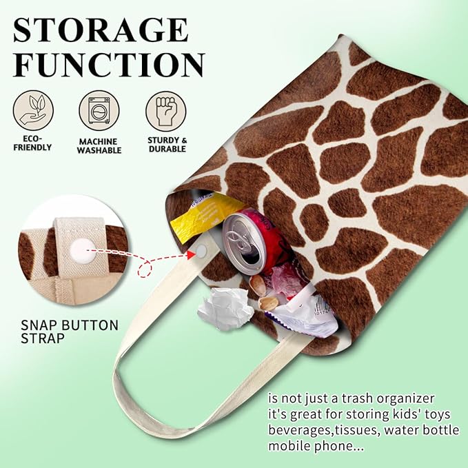 Car Trash Can, Cute Car Trash Bag, Hanging Car Organizer and Storage Bag, Trash Bin for Car Accessories, Vehicle, Travelling, Camping Giraffe Skin Print