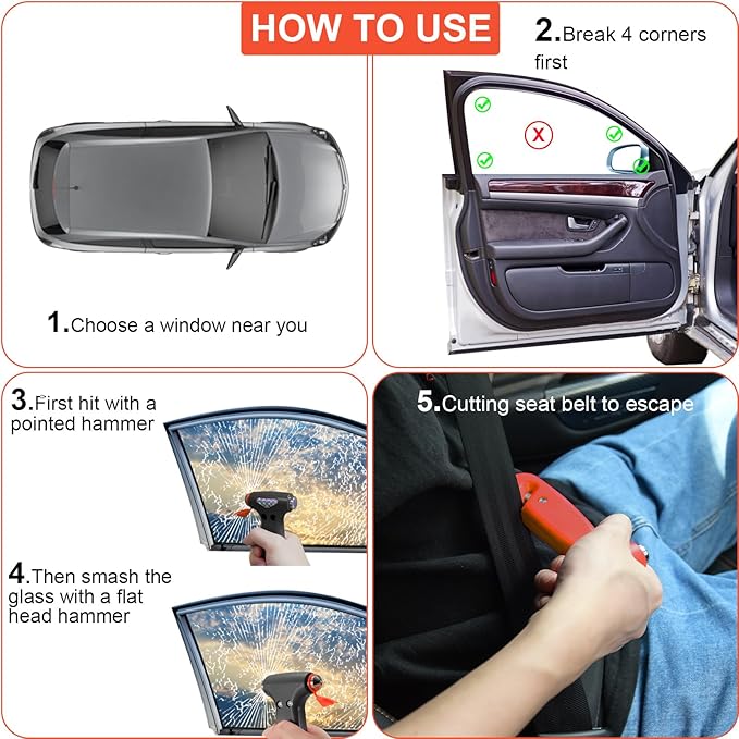 THINKWORK Car Safety Hammer, 3-in-1 Emergency Escape Tool with One Second Window Breaker and Seat Belt Cutter, Safety Emergency Car Escape Tool for Car, Office, Home, Orange