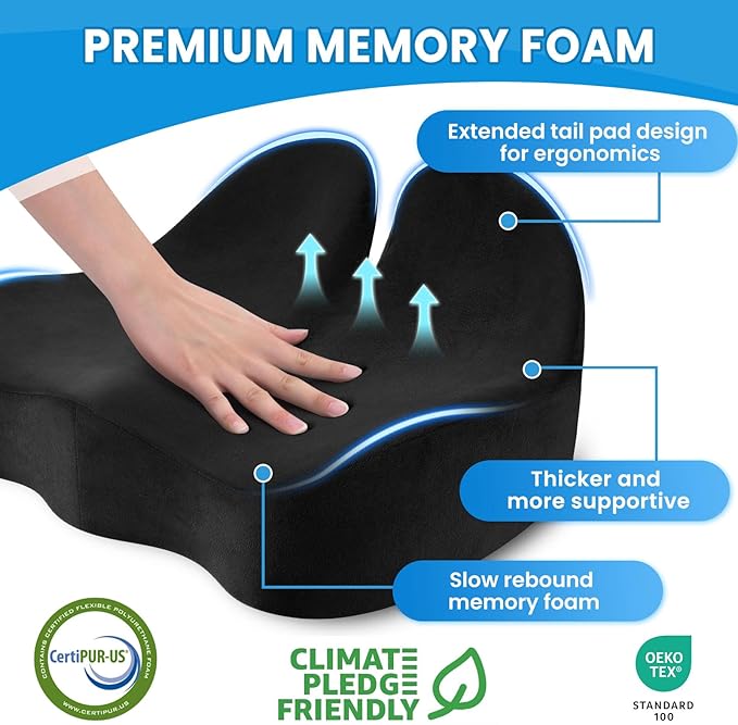 Seat Cushion, Memory Foam Office Chair Seat Cushion for Office Chairs/Car/Long Trip/Desk Chair/Gaming, X-Large Size for Sciatica & Hip & Tailbone Pain Relief, Sciatica Support (Black)