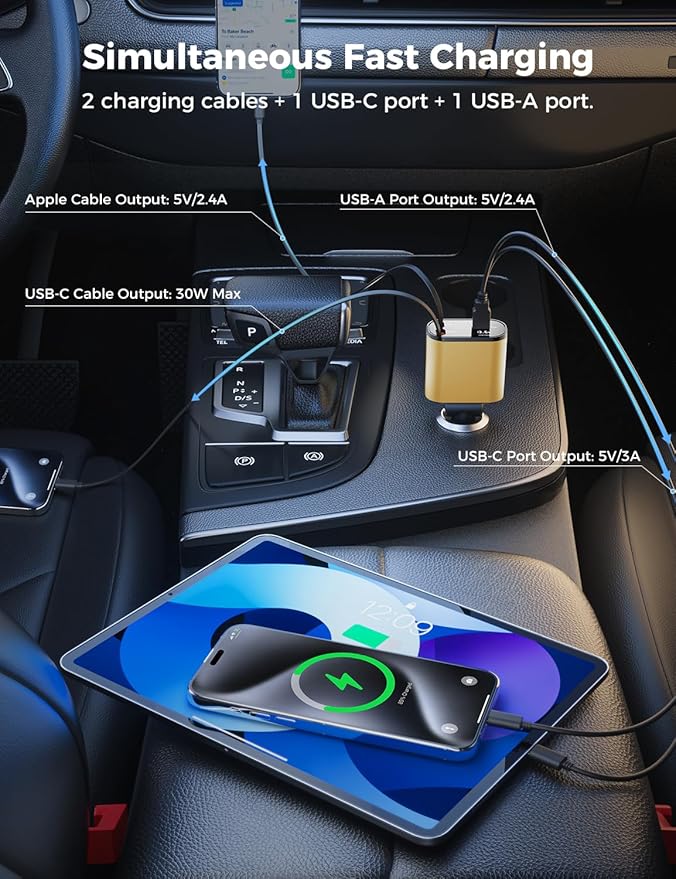【Upgraded】 SUPERONE Retractable Car Charger 4 in 1, Fast Car Phone Charger with Cord 2.6ft, USB C and Apple Car Charger Adapter, Compatible with iPhone 17 16 15/15 Pro Max/14/13/12/11, Galaxy, Pixel