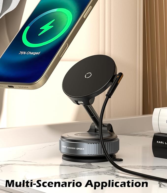 CloudValley 15W Wireless Fast Charging Car Phone Mount, Nano Gel Vacuum Suction Magnetic Phone Holder, 360° Adjustable Car Mount for iPhone 17/16/15/14/13, Strong Grip on Rough Surfaces