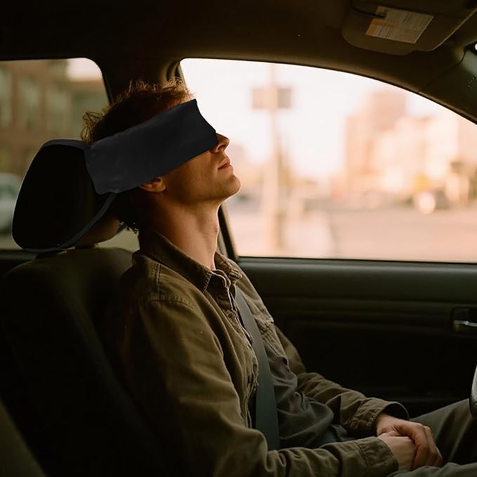 Travel Pillows for Airplanes, Airplane Head Strap with Silk Eye Mask for Sleeping, Long Flights & Car Road Trips 360°Headrest Neck Support, Stops Bobbing, Small & Compact（Black）