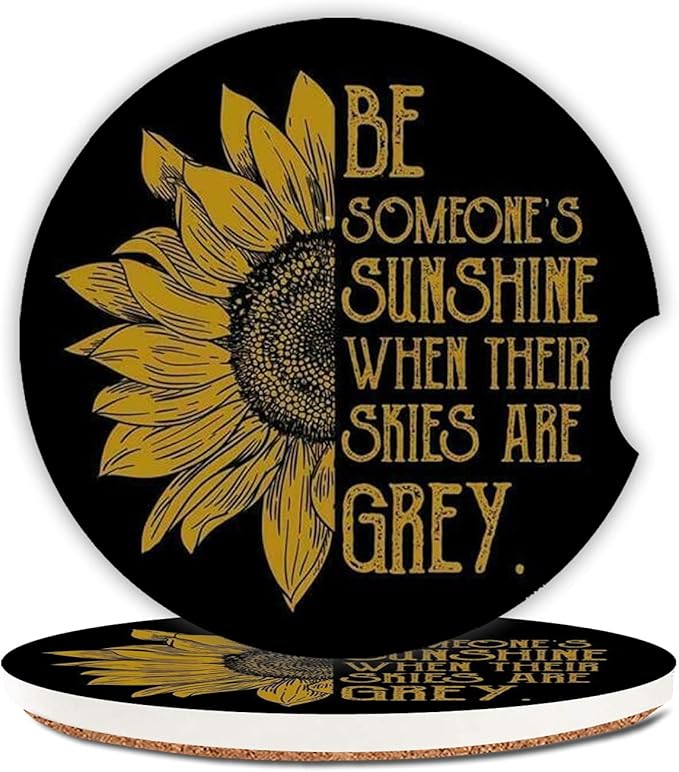 Ceramic Cup Holders Car Coasters for Women/Men,Sunflower Design Absorbent Drink Cup Car Holder Coasters with A Finger Notch 2.56" Pack of 2,Sunflower Stripes Design