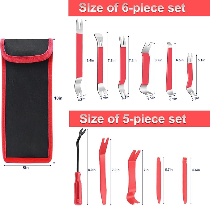 11 PCS AutoTrim Removal Tool Kit, Metal Pry Tool Auto Fastener Remover Pry Bar Set Trim Remover Kits for Vehicle Door Panel, Audio Radio Panel, Dashboard Repair Kit RED