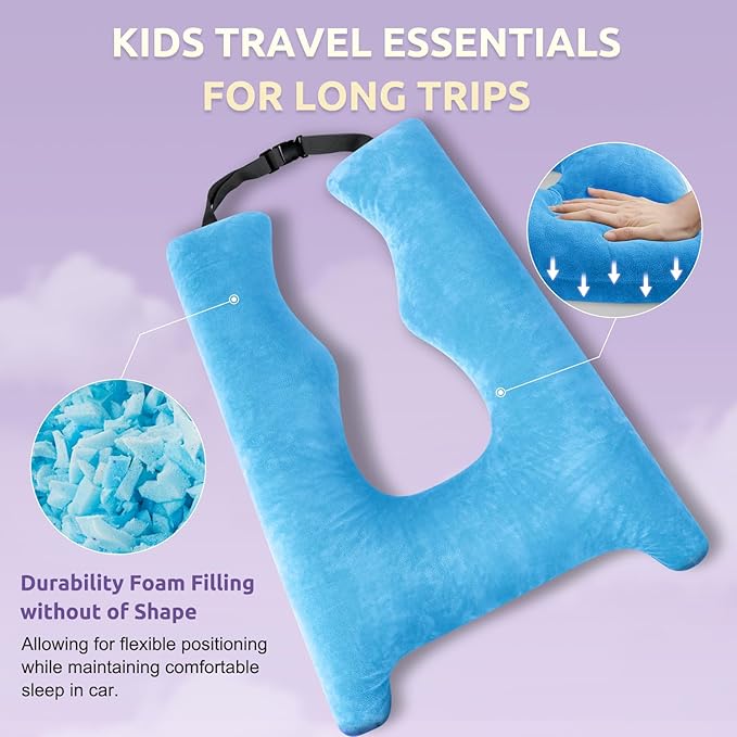 Car Pillow for Kids, Travel Pillow with Adjustable Strap, U-Shaped Pillow for Adults and Children to Support Head and Body Road Trip Essentials (Blue)