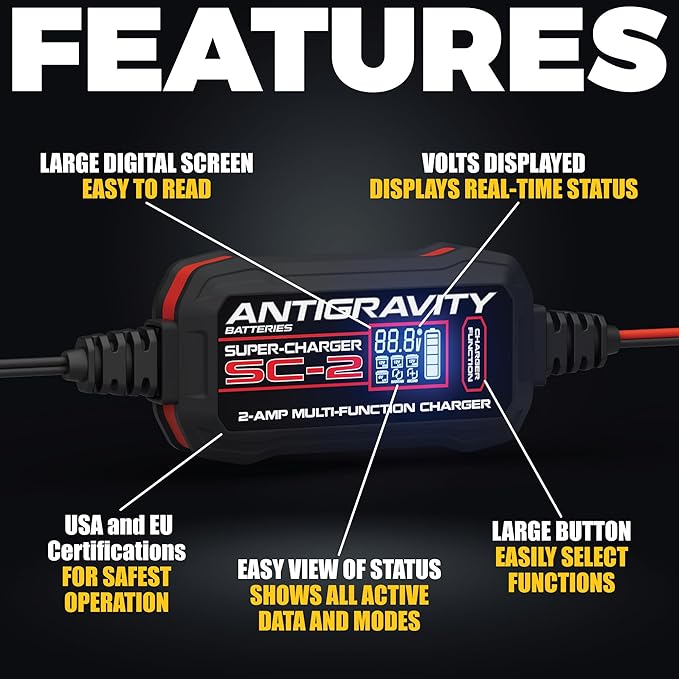 Antigravity Super-Charger – 2-Amp 6V/12V Multi-Function Battery Charger & Maintainer for Lithium (LiFePO4) and Lead/Acid Batteries, LCD Display, Auto Winter Mode, Recondition Feature