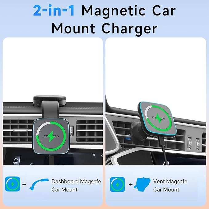for MagSafe Car Mount Charger with 15W Fast Wireless Charging, Magnetic Car Phone Holder 【Windshield+Vent+Dash】 with Bendable Memory Alloy Arm, 108LB Suction Phone Mount for iPhone 17 Pro Max