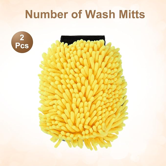 HARFINGTON 2pcs Chenille Microfiber Car Wash Mitts 9.8" x 7.9" Scratch Free Wash Gloves Absorbent Double Sided Plush Cleaning Drying Mitts for Car Washing Home Clean, Yellow