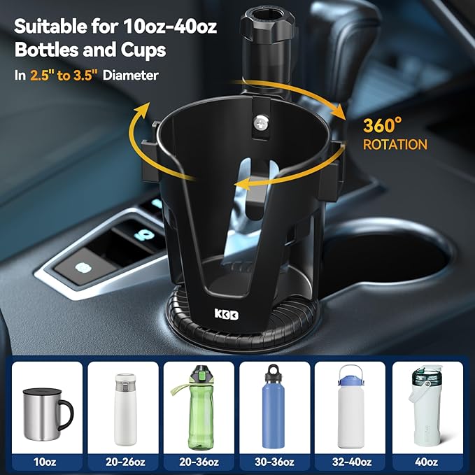 KDD Car Cup Holder Expander - 3 in 1 Cup Holder Adapter with Adjustable Base - Detachable Phone Holder & 360° Rotation Food Tray for Car - Compatible with Vehicles, Car, Road Trip Essentials