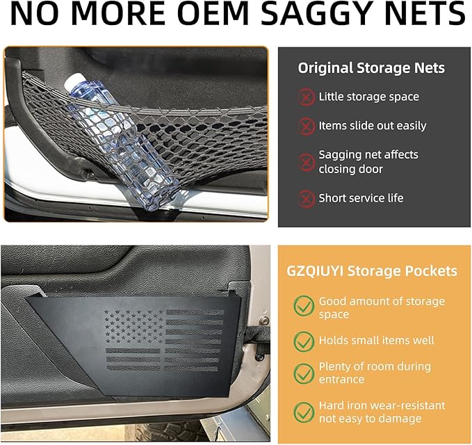 1 Pair Metal Front Door Storage Pockets for 2007-2018 Jeep Wrangler JK JKU - Black Organizer with Tool-Free Install, Anti-Rust Coating & Accessory Mount (US Flag)