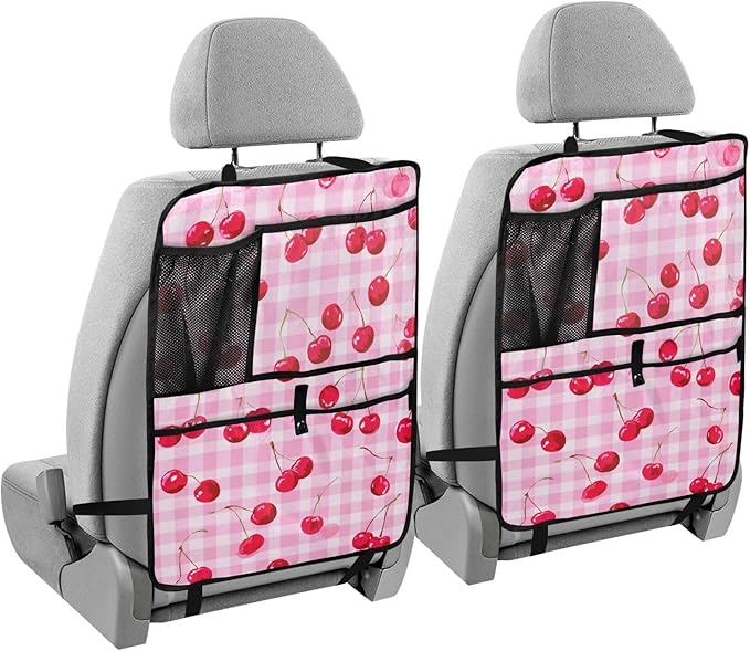 1 Pack Back Seat Car Organizer with Storage Pockets Kick Mats Back Seat Protector Hanging Car Organizer Automotive Seat Back Cover Organizers Pink Juicy Checkered Cherry