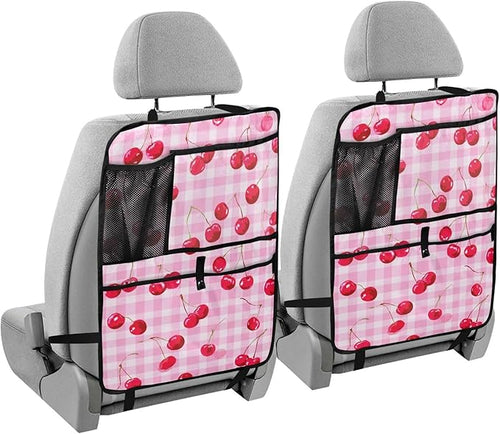 1 Pack Back Seat Car Organizer with Storage Pockets Kick Mats Back Seat Protector Hanging Car Organizer Automotive Seat Back Cover Organizers Pink Juicy Checkered Cherry
