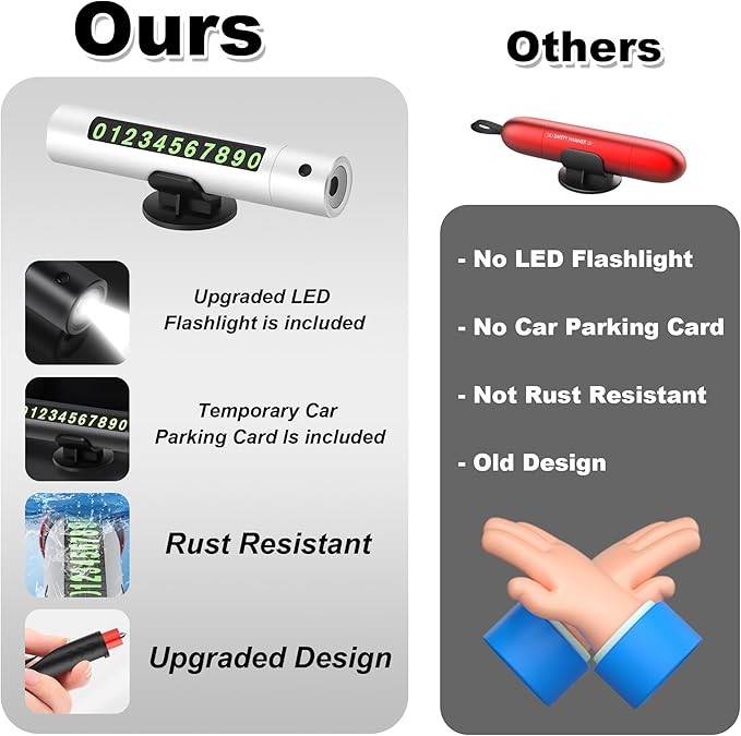 Upgraded 2026 Safe Hammer Glass Breaker Flashlight Car Parking Card, Car Hammer Seatbelt Cutter Window Breaker Emergency Escape Tool Glass Breaker Emergency Seat Belt Cutter (2 Pack (Black & White))