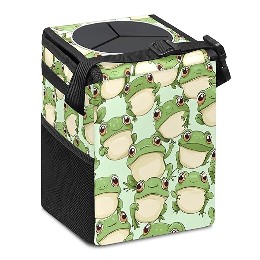 Car Trash Can with Lid & Multiple Pockets,Foldable Vehicle Garbage Bin Waterproof & Leak Proof Automotive Garbage Cans Car Accessories for Women Men Road Trip Essentials Frogs