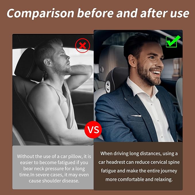 2 Pack - Car Headrest Pillow for Neck Support, 100% Memory Foam Car Neck Pillow with Sleep Mask - Universal Fit Head Rest Travel Pillow Car Pillow for Pain Relief While Driving(Contains 2 Eye Masks)