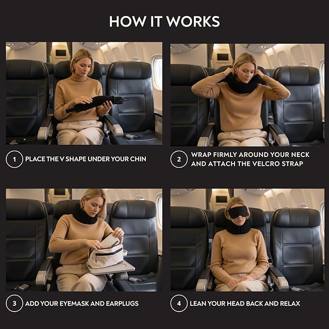 Slim Travel Neck Pillow for Long Flights, 360° Memory Foam Support Travel Neck Pillow with Premium Airplane Comfort Essentials 5pc Set, Best for Sleeping on Airplanes, Cars, Trains | Compact Bag