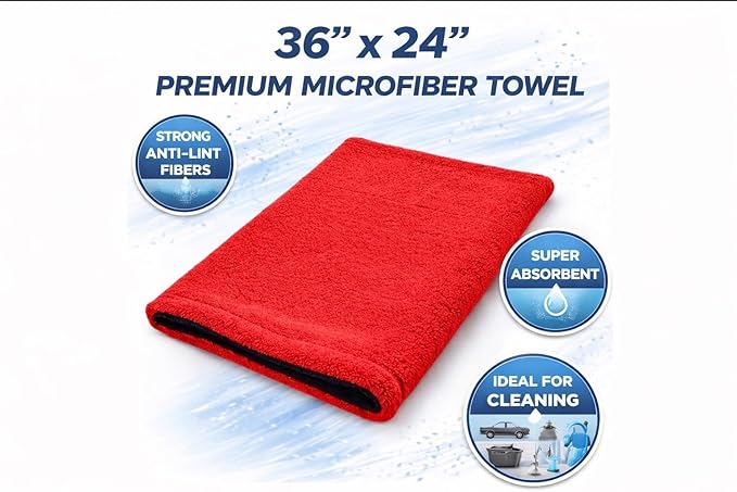 Car Drying Towel - 3ftx2ft XL-Popular Pick Among Detailing Pros - Red 1200 GSM Microfiber Accessory - Absorbs Over 8lbs of Water - Leaves No Streaks, Spots or Scratches-Dries an Entire Car