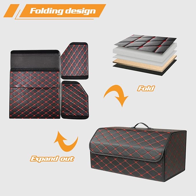 Ergocar Car Trunk Organizer Luxury Foldable Car Boot Tidy Storage Box Waterproof PU Car Boot Storage Organiser for Car/SUV/Truck/Auto (Black Red-S)