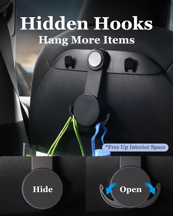 1 Pack Car Seat Hooks & Magnetic Phone Holder for Tesla Model Y(Juniper) Model 3(Highland) Accessories 2026 2025 2024 2023 2022 2021, Car Seat Back Storage Purse/Bag/Hat Hook for iPhone