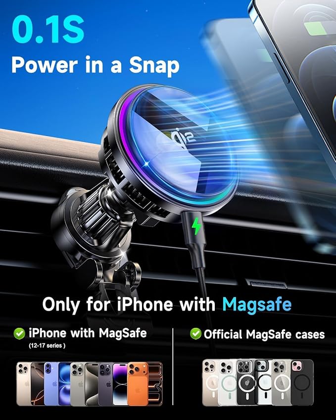 2026 Upgraded TEC & Fan Cooling Magnetic Wireless Car Charger, For Qi2 15W Magsafe Car Mount Charger, Air Vent Dashboard Fast Charging Car Phone Holder for iPhone 17/16/15/14/13/12, Samsung ＆ Pixel