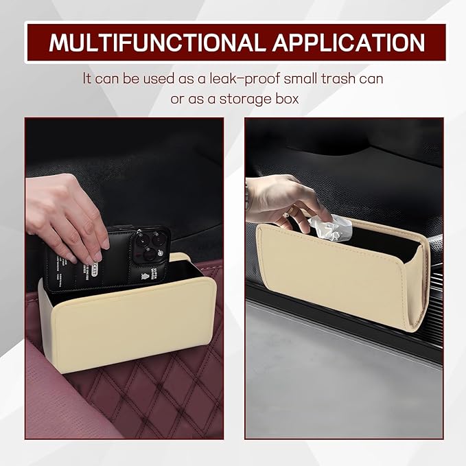 Hovom Car Trash Can, Leather Waterproof Automotive Garbage Can with Trash Bag, Hanging Mini Vehicle Trash Bin, Small Auto Door Organizer Storage Pouch, Universal Car Accessories (Beige)
