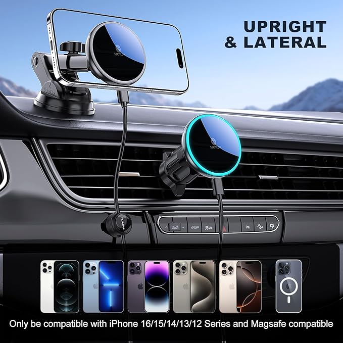 MOKPR Only for iPhone Magsafe Car Mount Charger, Magnetic Phone Holder for Your Car Charger Dash Windshield Vent Magnetic Wireless Car Charger Mount for iPhone 17 16 15 14 13 12