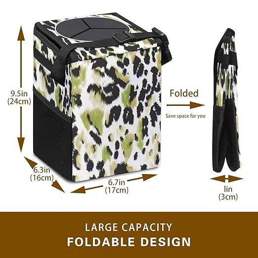 Leopard Print Car Trash Can with Lid - Collapsible Reusable Waterproof Garage Bag,Automotive Garbage Can,Car Accessories Interior Organizer