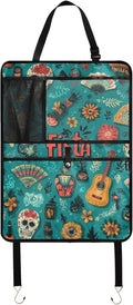 1 Pack Back Seat Car Organizer with Storage Pockets Kick Mats Back Seat Protector Hanging Car Organizer Automotive Seat Back Cover Organizers Fiesta Mexican Green Skulls Guitars Flowers