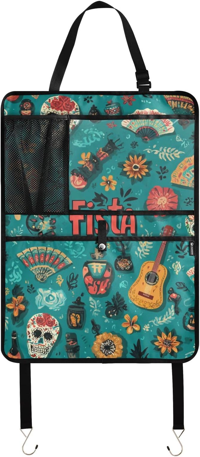 1 Pack Back Seat Car Organizer with Storage Pockets Kick Mats Back Seat Protector Hanging Car Organizer Automotive Seat Back Cover Organizers Fiesta Mexican Green Skulls Guitars Flowers
