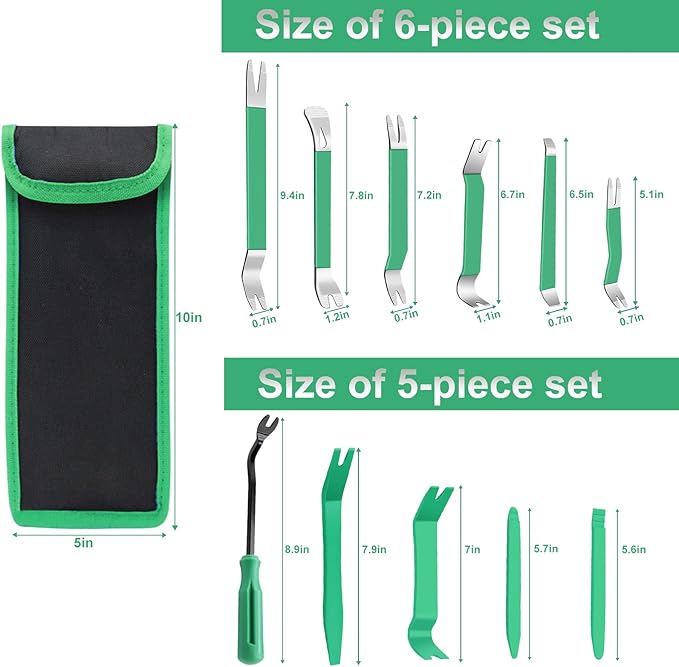 11 PCS AutoTrim Removal Tool Kit, Metal Pry Tool Auto Fastener Remover Pry Bar Set Trim Remover Kits for Vehicle Door Panel, Audio Radio Panel, Dashboard Repair Kit Green
