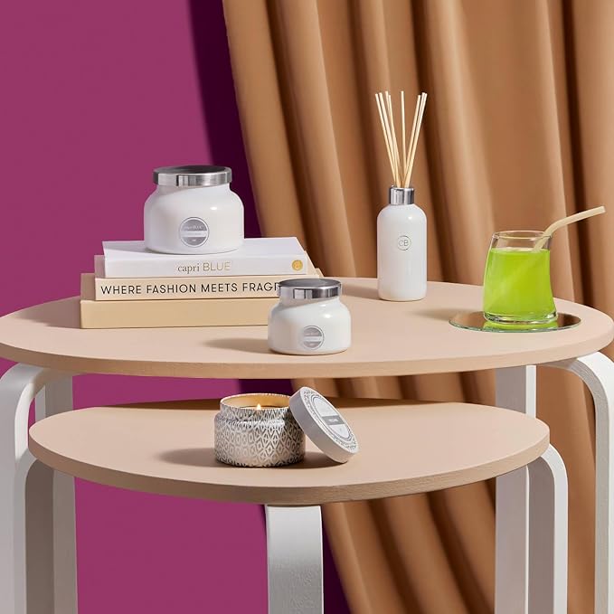 Capri Blue Volcano Printed Travel Tin Jar Candle - Luxury Candle with a Long Lasting Soy Wax Blend - Scented with Tropical & Fruity Fragrance (White Color, 8.5 oz)