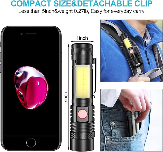 Rechargeable Flashlight, Super Bright LED Flashlight with COB sidelight, Zoomable, Waterproof, 4 Modes, Tactical Flashlight for Camping, Emergency