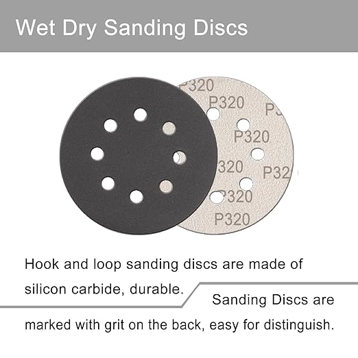 100 Pcs 5 Inch Sanding Discs Hook & Loop 8 Holes Wet Dry 320 Grit Sandpaper Silicon Carbide Sand Paper for Orbital Sander Automotive Wood Plastic Metal Polishing (100Pcs 320 Grit)