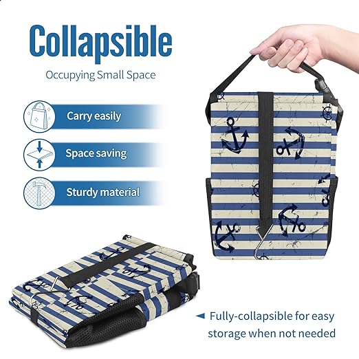 Car Trash Can Nautical Anchor Navy Blue Stripes Auto Garbage Bag Car Trash Can with Lid Leak-Proof Car Storage Bag Garbage Can Hanging for Headrest Collapsible and Portable with Storage Mesh Pocket