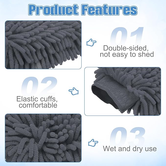 HARFINGTON Chenille Microfiber Car Wash Mitts 9" x 5.5" Scratch Free Wash Gloves Absorbent Double Sided Plush Cleaning Drying Mitts for Car Washing Home Clean Grey