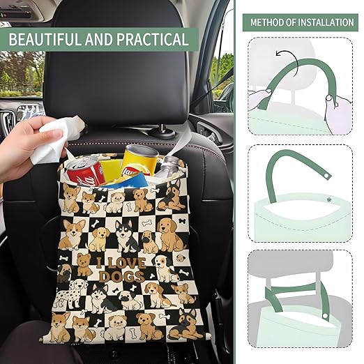 Cute Car Trash Can, Hanging Canvas Car Back Seat Organizer and Storage Bag, Funny Car Trash Bag for Travelling, Outdoor Cute Dogs