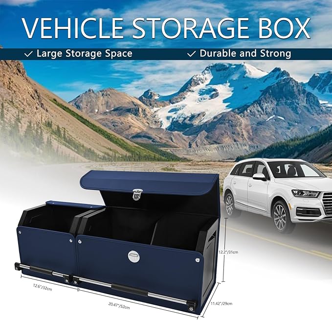 Car Trunk Organizer, Leather Trunk Organizer for SUV with Lid and Sturdy Handle Collapsible Adjustable Storage (Blue, 33 x 11.4 x 12.2in)