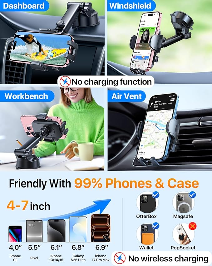 HTU 2026 Upgraded [True Military-Grade] Car Phone Holder【Safety Certs & No Smell】 Cell Phone Holder for Car Mount for Dashboard Windshield Air Vent Long Arm Thick Case,Black