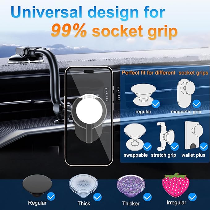 Car Phone Mount for Collapsible Grip/Socket Mount User,Windshield/Dashboard/Vent Phone Holder with Strong Suction Cup,13-Inches Long Arm Gooseneck Cell Phone Cradle for Swappable Grip Stand