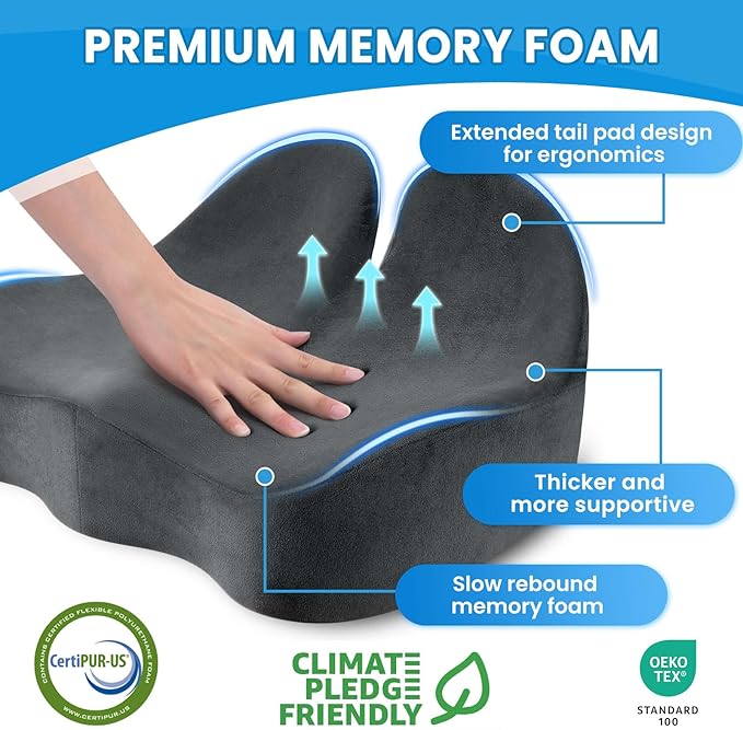 Seat Cushion, Memory Foam Office Chair Seat Cushion for Office Chairs/Car/Long Trip/Desk Chair/Gaming, Extra Large Size for Sciatica & Hip & Tailbone Pain Relief, Sciatica Support (Grey)