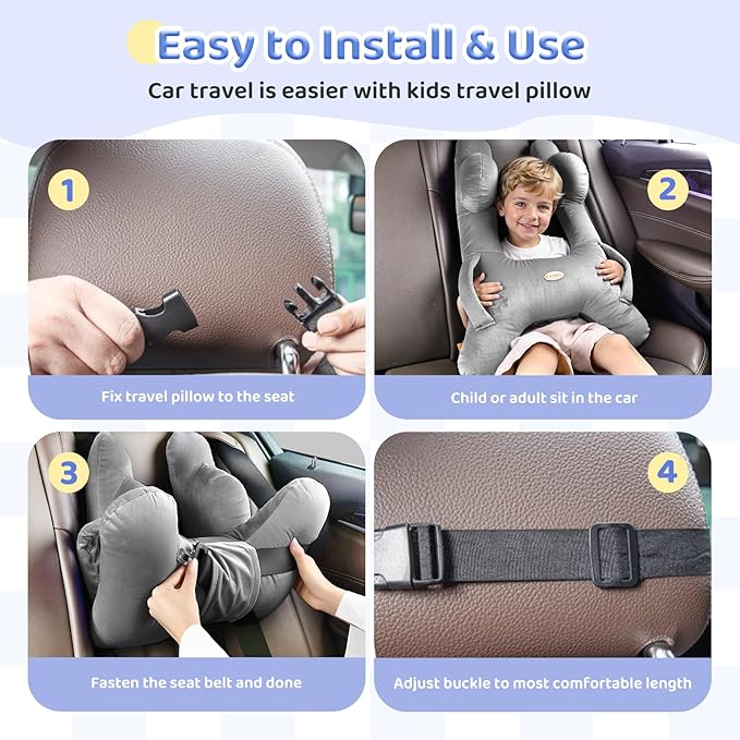 FLORICH Kids Travel Pillow, Car Sleeping Travel Pillow for Kids, Washable H-Shaped Pillow for Adults and Children to Support Head and Body for Road Trips Pillow for Car (Grey)
