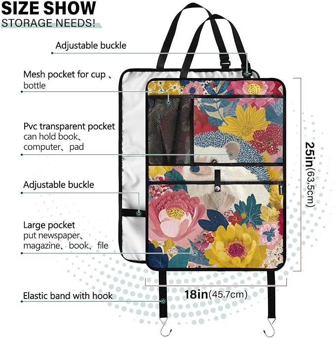 1 Pack Back Seat Car Organizer with Storage Pockets Kick Mats Back Seat Protector Hanging Car Organizer Automotive Seat Back Cover Organizers Garden Flowers Hedgehogs Colorful